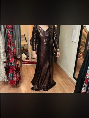 Sequin Long-Sleeve Brown Evening Gown